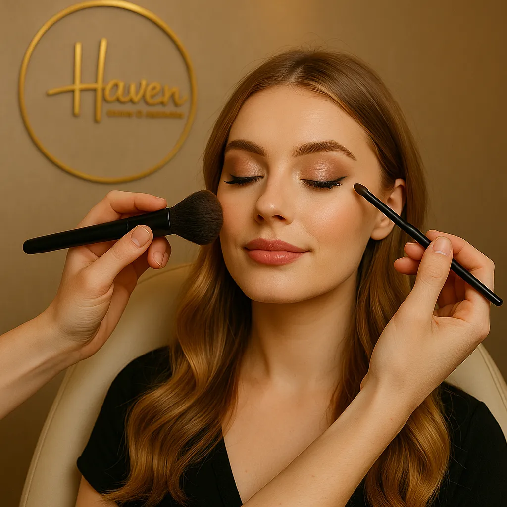 Makeup artist applying makeup in front of the Haven logo
